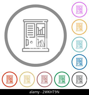 Vintage bookshelf outline flat color icons in round outlines on white background Stock Vector