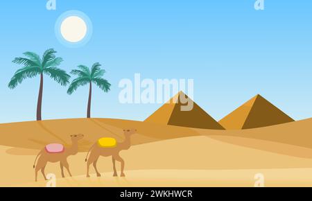 Desert landscape with pyramid, camel, and palm tree in day light. Vector illustration. Stock Vector