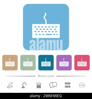 Computer keyboard white flat icons on color rounded square backgrounds. 6 bonus icons included Stock Vector