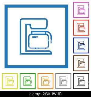 Coffeemaker outline flat color icons in square frames on white background Stock Vector