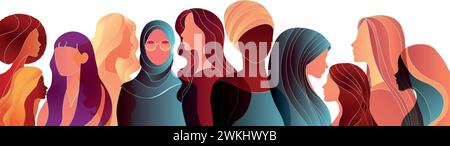 Group silhouette of multicultural women. International women's day. Equality Diversity - Inclusion - or Empowerment concept. Anti racism. Banner Stock Vector