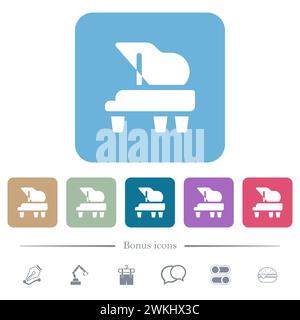 Grand piano solid white flat icons on color rounded square backgrounds. 6 bonus icons included Stock Vector