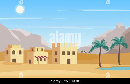 Desert landscape with oasis, house, and palm tree in day light. Arab city in desert. Vector illustration. Stock Vector