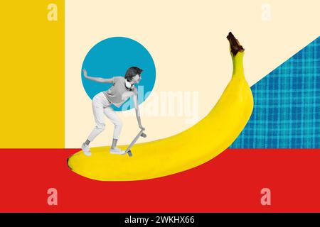 Creative collage poster young girl ride skate huge banana exotic vitamins nutrition healthcare leisure entertainment weekend Stock Photo