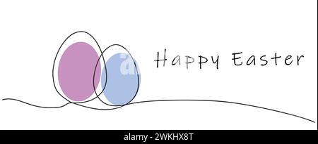 Line drawing of colorful Easter eggs with greeting Happy Easter. Continuous one line drawing. Isolated on white backdrop. Perfect for print, greeting, Stock Vector