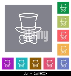 Top hat and bow tie outline flat icons on simple color square backgrounds Stock Vector