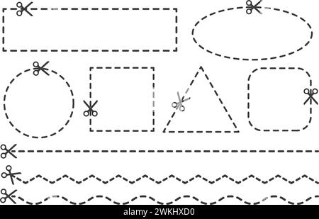 Cut here line with scissor. Vector icon for coupons and paper vouchers. Crop mark dotted and dashed border with geometric shapes. Stock Vector
