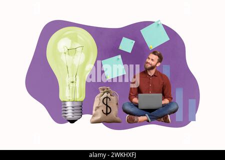 Creative image drawing collage of successful business man using netbook for creating innovative strategy for earnings Stock Photo