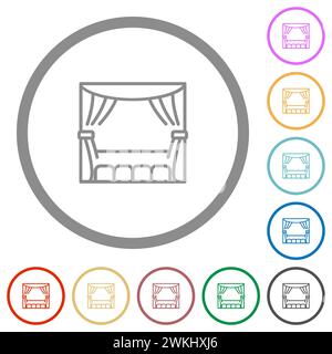 Theater stage curtain seats outline flat color icons in round outlines on white background Stock Vector
