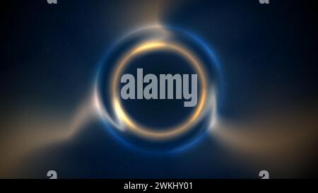 Golden blue circular light frame on dark background. Shining light ring. Glowing gold circle. Stage backdrop. Abstract background displaying product Stock Vector
