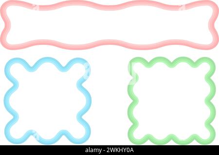 Retro frame with wavy border. Psychedelic rectangle groovy shapes. Scallop cartoon vector doodle banners. Squiggle funky Y2k outline pictures Stock Vector