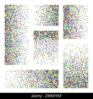 Stipple pattern, dotted rectangular design elements. Stippling, dotwork drawing, shading using dots. Pixel disintegration, random halftone effect Stock Vector