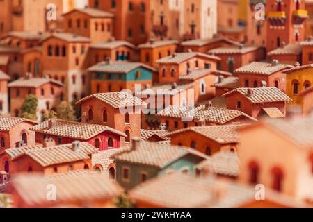 Diorama, miniature houses of medieval plan of San Gimignano, Tuscany, Italy. Close up, macro shot with small houses, roofs and brick walls details Stock Photo