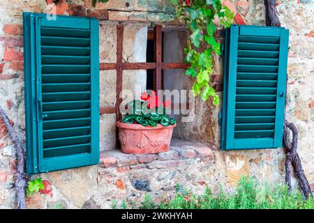 Small fairy tale style window in old stoned house with open green shutters. Clay made flower pot with red flower on stoned windowsill. Monteriggioni, Stock Photo