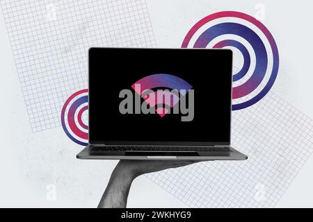 Collage 3d image of pinup pop retro sketch of hand hold netbook wifi icon service web device antenna bizarre unusual fantasy billboard Stock Photo