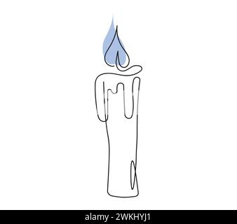 Wax candle with blue flame. Burning decorative aroma candle. Continuous one line drawing. Line art. Isolated on white backdrop. Design element for pri Stock Vector