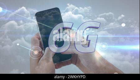 Image of 6g text, network of connections and man using smartphone over clouds Stock Photo