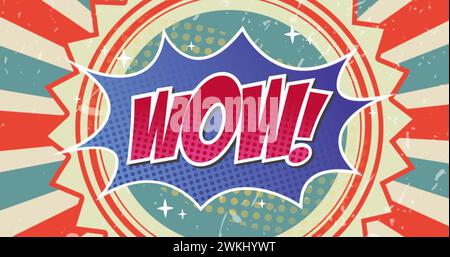 Image of retro wow text on speech bubble and spinning stripes in background Stock Photo