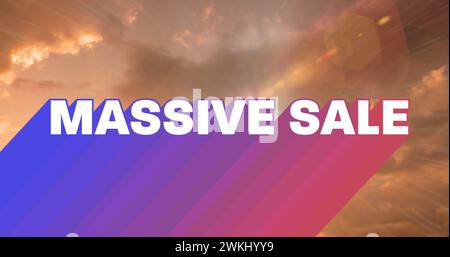 Image of retro massive sale white text with rainbow shadow over orange clouds in background Stock Photo