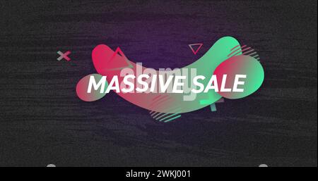 Image of massive sale text in white over green to red shapes on grey flickering background Stock Photo