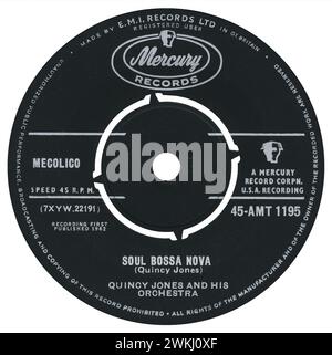 45 RPM 7' UK record label of Soul Bossa Nova by Quincy Jones and his Orchestra on the Mercury label from December 1962. Written by Quincy Jones. The distinctive flute lead is by Roland Kirk. Stock Photo