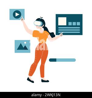 Virtual reality in business concept. A woman wearing a VR headset interacts with multimedia icons, signifying innovative data management. Flat vector illustration Stock Vector