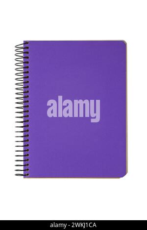 Closed spiral bound notepad with purple cover isolated on white background. Top view, copy space for text, template, mockup. Stock Photo