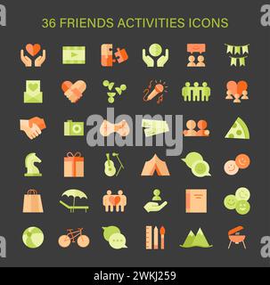 Friends Activities set. Bonding moments and shared experiences. Leisure, games, travel, and care symbols. Social connection themes. Flat vector illustration. Stock Vector