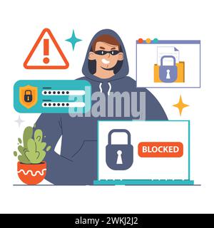 Spyware threat concept. Watchful eye monitors user data, emphasizing the risks of online surveillance and compromised privacy. Ensure digital safety. Flat vector illustration Stock Vector