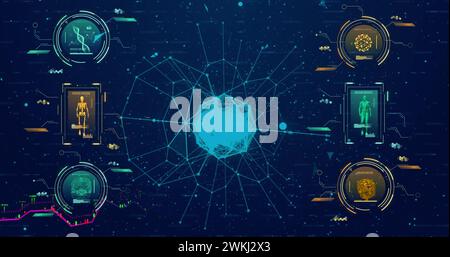 Image of data processing and shapes on blue background Stock Photo