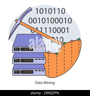 Data Mining. An expert analyzing servers for valuable insights. Strategic information extraction for strategic decisions. Flat vector illustration Stock Vector
