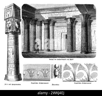 The Temple of Hathor at Dendera, a stunning example of late Egyptian architecture, showcases a richly decorated structure with an emphasis on Hathor's worship. The temple features an expansive courtyard, surrounded by columns adorned with the complex imagery of Hathor and other deities. Intricate flat ornamentation covers the temple walls, depicting religious rituals, mythological scenes, and symbolic elements like the scarab, a symbol of rebirth and the sun. This temple, with its detailed carvings and historical significance, remains a testament to the religious and artistic achievements of a Stock Photo