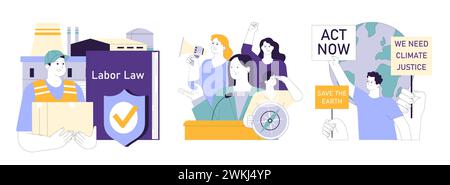 Social equity set. Civil society teamwork, environmental activism, and community engagement for better future and equal opportunities. Diversity and inclusion. Flat vector illustration Stock Vector