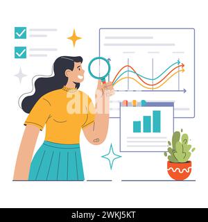 Exploring Market Trends. Analytical woman scrutinizes growth charts on a digital board, highlighting business performance and niche market movements. In-depth research. Flat vector illustration. Stock Vector