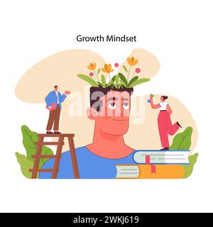 Growth mindset concept. Man and woman watching as flowers grow on persons head. Cultivating knowledge as nurturing minds garden. Lifelong learning and self-improvement. Flat vector illustration Stock Vector