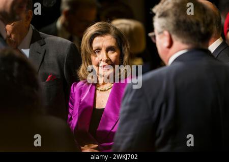 San Francisco, USA. 20th Feb, 2024. Nancy Pelosi, 52nd Speaker of the United States House of Representatives, attends the inaugural reception of the new Consulate General of Sweden at the Barbro Osher Recital Hall at the San Francisco Conservatory of Music (SFCM) in San Francisco, CA, on February 20, 2024. Part of the official Swedish Royal trip to the Bay Area. (Photo by Skyler Greene/Sipa USA) Credit: Sipa USA/Alamy Live News Stock Photo