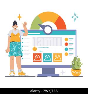 Website optimization concept. Monitoring and enhancing site speed. User-friendly interface with optimal functionality. Flat vector illustration. Stock Vector