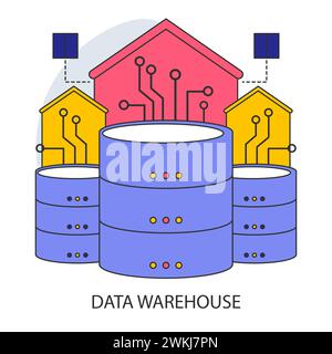 Data warehouse. Centralized data storage systems with advanced connectivity. Organizational data consolidation for optimized analysis. Flat vector illustration. Stock Vector