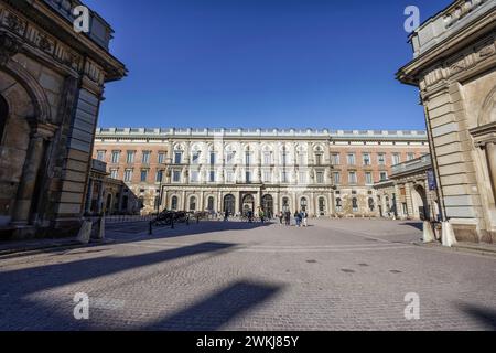 Royal Palace, or Kungliga slottet viewed from the Outer Courtyard or Yttre borggarden, parade square in Stadsholmen, Gamla Stan, Old Town, Stockholm Stock Photo