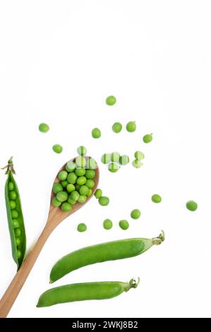 Fresh green peas with pod isolated on white background, healthy green vegetable or legume ( pisum sativum ) Stock Photo