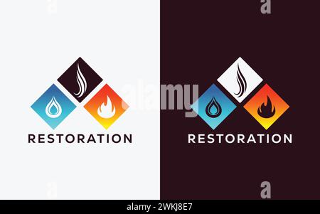 Minimalist Restoration company vector logo for Fire Flame , drop and smoke. Modern colorful Fire Flame , drop and smoke vector logo. water, smoke Stock Vector