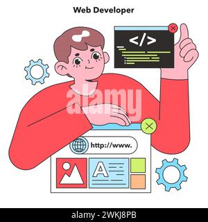 A Web Developer expertly crafts code, the building block of digital realms, showcasing the creative and technical expertise in IT web development Stock Vector