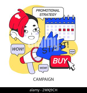 Kickstart campaign concept. Dynamic advertising strategy and consumer engagement to boost sales. Persuasive call to action with a vibrant design. Flat vector illustration. Stock Vector