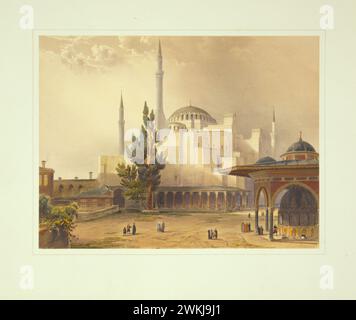 Istanbul, Turkey 1850s.  Hagia Sophia Mosque drawings showing the architecture of the temple outside as it stand. by Gaspard Fossati lithograph, colour. 1852 From ' Aya Sofia, Constantinople, as recently restored by order of H.M. the Sultan Abdul Medjid ' Stock Photo