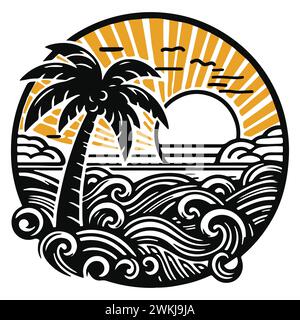 Emblem sea palm sun. Black white yellow. Sketch simple cartoon style. Brand, logo, tourist holidays. Stock Vector