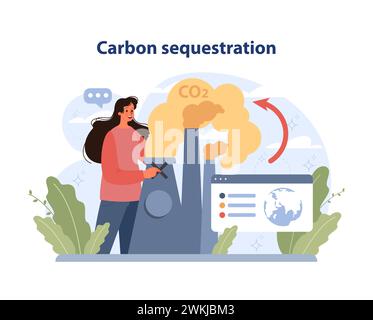 Carbon Sequestration concept. Woman monitors CO2 emissions, nature's role in reducing greenhouse gases. Earth protection. Climate responsibility. Flat vector illustration Stock Vector