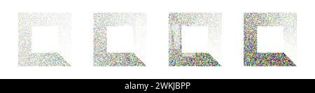 Square shaped dotted objects, stipple elements. Stippling, dotwork drawing shading using dots. Halftone disintegration effect. Colored noise grainy Stock Vector