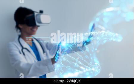 Black Doctor Geneticist Using Virtual Reality Headset For Medical Purposes Stock Photo