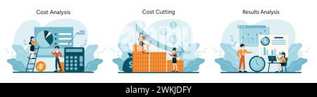 Cost Optimization analysis set. Detailed financial review, targeted expense reduction, comprehensive performance evaluation. Flat vector illustration Stock Vector