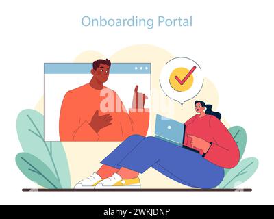 Onboarding Portal concept. Virtual guidance for new hires with interactive sessions and checklist completion. Flat vector illustration. Stock Vector
